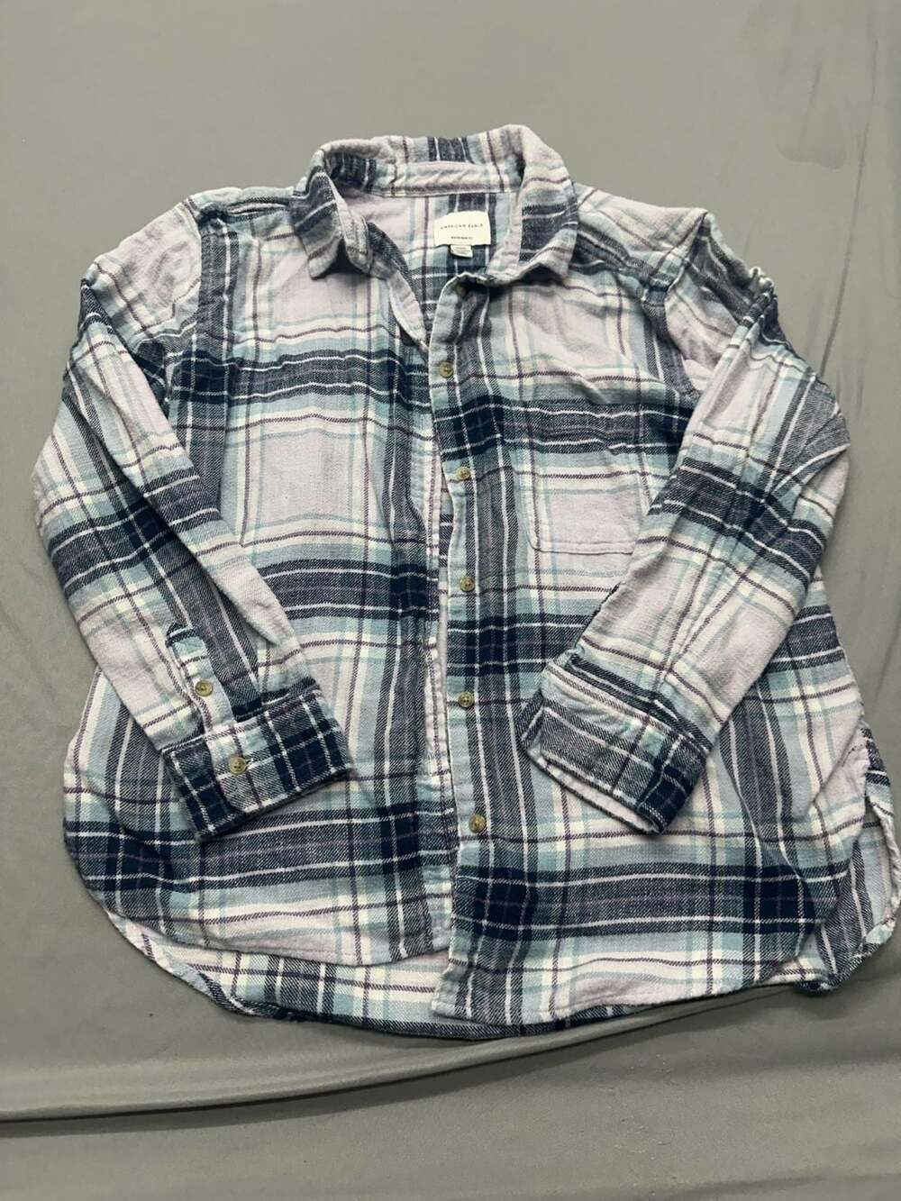 American Eagle Boyfriend Fit Blue and Purple Plaid Flannel Button-Up Shirt